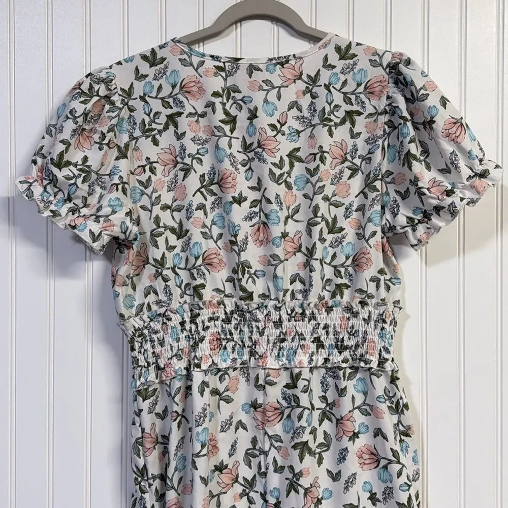 NWT GOGO Time To Bloom Floral White Cap Sleeve Midi Dress Ruched Tiered - Picture 8 of 9